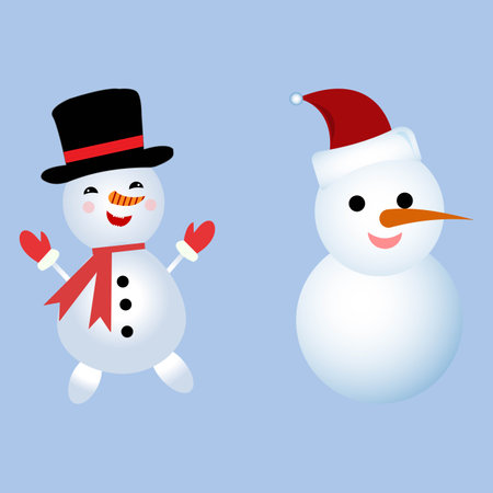 Christmas element design with two snowmen. Cute winter snowmen design with smiling face, carrot nose, neck muffler, gloves, snow hat, and buttons. Snowman vector design on a blue background.のイラスト素材