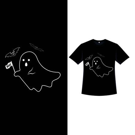 Halloween black T-shirt design with a cute ghost and bats outline. Halloween scary T-shirt design with a ghost and bats silhouette. Fashion wear for Halloween event.のイラスト素材