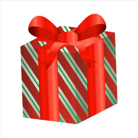 Christmas gift vector design on a white background. Round gift box design with red color wrap paper with white and green strip and golden color ribbon. Gift design for Birthdays or Christmas events.のイラスト素材