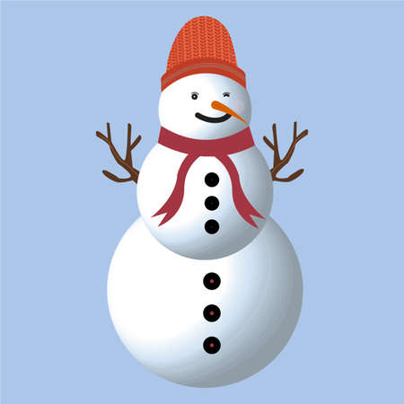 A snowman vector design on a blue background. Christmas design with a happy snowman. A winter snowman with neck muffler, carrot nose, tree branch, buttons, and warm winter hat.のイラスト素材