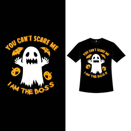 Halloween fashion T-shirt design with a scary ghost, pumpkin lanterns, and calligraphy. Halloween scary T-shirt design with vintage color and a spooky ghost. Fashion wear for Halloween.のイラスト素材