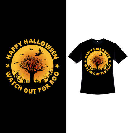 Halloween fashion T-shirt design with a scary dead tree, grunge effect, and calligraphy. Halloween scary T-shirt design with vintage color and a spooky tree. Fashion wear for Halloween.のイラスト素材