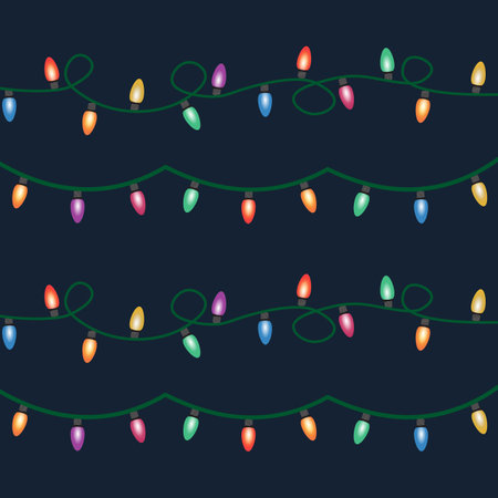Glowing Christmas lights isolated on dark background. Christmas lights vector design with a set of beautiful glowing lights. Colorful light decoration for any kind of party or occasion.の写真素材