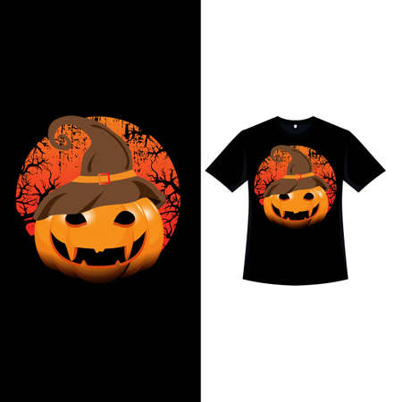 Halloween fashion T-shirt design with a devil pumpkin lantern wearing a witch hat and grunge effects. Halloween scary T-shirt design with vintage color and pumpkin lantern. Fashion wear for Halloween.のイラスト素材