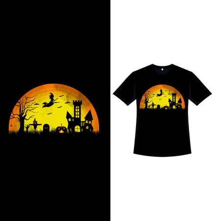 Halloween fashion T-shirt design with a scarecrow, haunted house, and gravestones. Halloween scary T-shirt design with vintage color and a spooky flying witch. Fashion wear for Halloween.のイラスト素材
