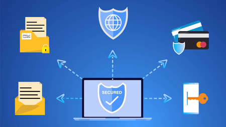 Computer security concept design on a white background. Security for mails, files, mobile, web browser, and bank cards. Virus protection for PC, mobile, and laptops.のイラスト素材
