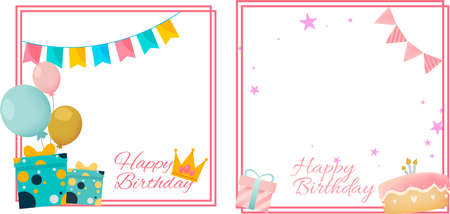 Happy birthday wish frame design with cakes and party banner. Happy birthday photo frame design with party elements. Collection of birthday photo frames vector.のイラスト素材