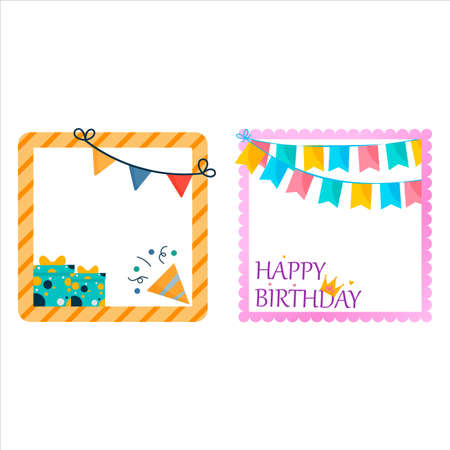 Happy birthday frame design with calligraphy and party banner. Happy birthday photo frame design with gifts and party elements. Collection of birthday photo frames vector.のイラスト素材