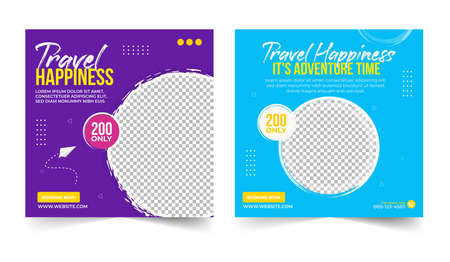 Travel agency flyer design with purple, blue, white, and yellow color. Travel agency banner design with discount offer. Banner design collection on a white background.のイラスト素材