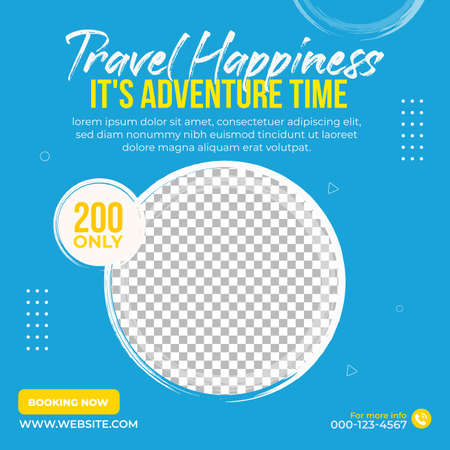 Travel agency flyer design with blue, white, and yellow color. Travel agency banner design with discount offer. Banner design collection on a white background.のイラスト素材