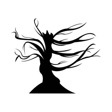 Halloween big dead tree silhouette vector illustration on a white background. Halloween tree silhouette design with dark black color. Spooky vector design for Halloween.のイラスト素材