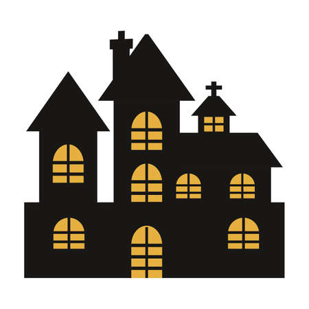Haunted scary castle vector design on a white background. Halloween spooky castle silhouette design with yellow color shade. Design for Halloween event with house vector illustration.のイラスト素材