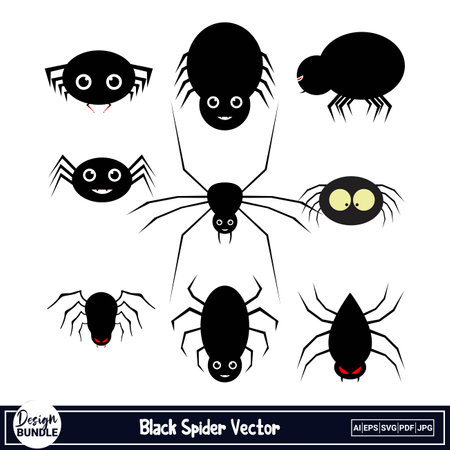 Halloween scary spider vector design on a white background. Spider vector with a cute face and black color. Halloween spider collection with evil design.のイラスト素材