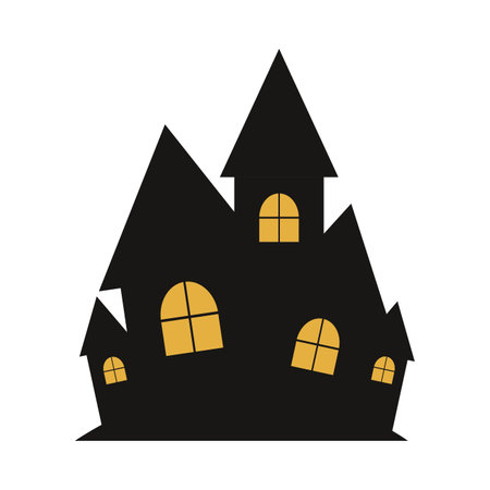 Halloween spooky house design with yellow and dark black color shade. Scary house silhouette vector design on a white background. Design for Halloween event with house vector.のイラスト素材