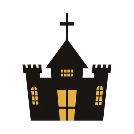Halloween spooky castle silhouette design with yellow color shade. Haunted scary castle vector design on a white background. Design for Halloween event with house vector illustration.のイラスト素材