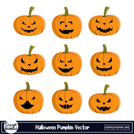 Halloween scary pumpkin lantern vector design on a white background. Pumpkin lantern design with devil smile and orange color. Halloween spooky pumpkin design collection.のイラスト素材