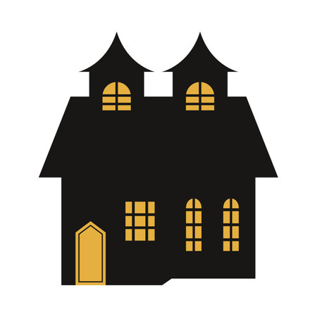 Haunted house vector design on a white background. Halloween haunted house silhouette design with yellow color shade. Design for Halloween event with house vector illustration.のイラスト素材