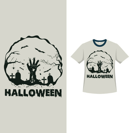 Halloween retro color T-shirt design with a graveyard and a zombie raising hand from grave. Halloween scary T-shirt design with vintage color and calligraphy. Scary fashion design for Halloween.のイラスト素材