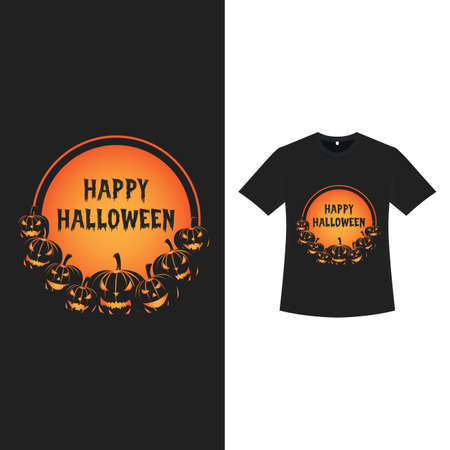 Halloween black color T-shirt design with pumpkins and typography. Halloween element design with a bunch of pumpkin lanterns and calligraphy. Spooky T-shirt design for Halloween.のイラスト素材