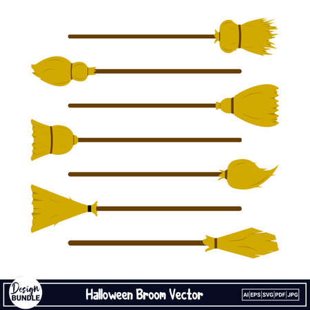 Halloween scary witch broom vector design on a white background. Spooky broomstick design with wood color and golden shade. Halloween spooky witch broomstick design collection.のイラスト素材