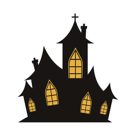 Scary haunted house vector design on a white background. Halloween haunted house silhouette design with yellow color shade. Design for Halloween event with house vector illustration.のイラスト素材