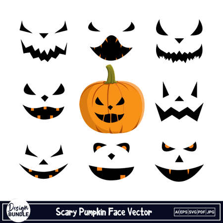 Halloween pumpkin face vector design collection on a white background. Pumpkin face design with evil smile collection with a yellow pumpkin. Scary face design for Halloween event.のイラスト素材