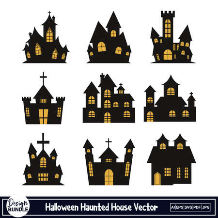 Halloween scary haunted house vector design on a white background. Haunted house design with black shade and yellow color. Halloween spooky house design collection.のイラスト素材