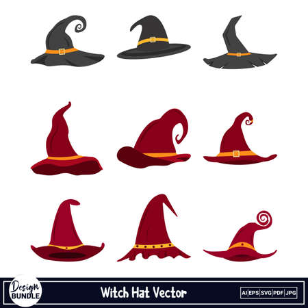 Halloween scary witch hat vector design on a white background. Wizard hat vector with black and maroon color. Halloween witch hat collection with scary magical design.のイラスト素材