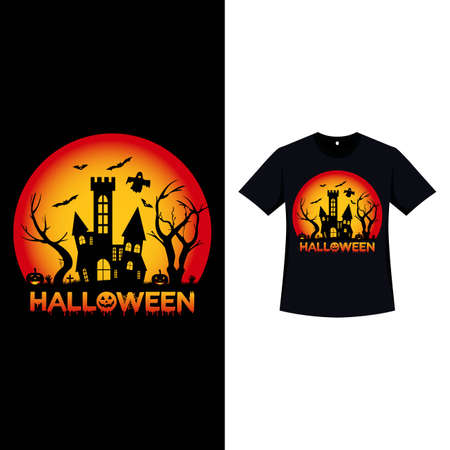 Halloween retro color T-shirt design with a haunted house, gravestones, and zombie hands. Halloween scary T-shirt design with vintage color and silhouette shapes. Scary fashion design for Halloween.のイラスト素材