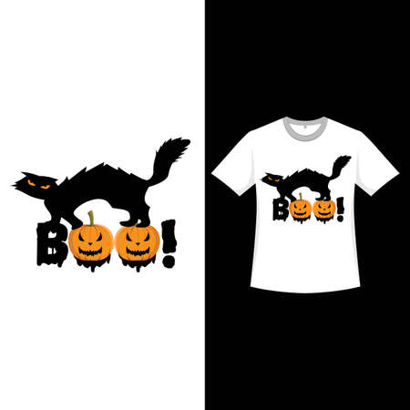 Halloween retro color T-shirt design with a spooky cat silhouette. Halloween fashion wear design with a cat and calligraphy silhouette. Scary vintage color T-shirt design for Halloween.のイラスト素材