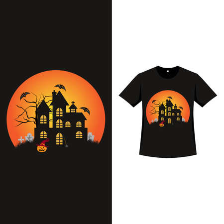 Halloween black color T-shirt design with a haunted house and vintage color. Halloween element silhouette design with pumpkin, bat, and haunted house. Spooky T-shirt design for Halloween event.のイラスト素材
