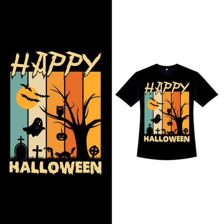 Halloween retro color T-shirt design with a dead tree silhouette. Halloween fashion wear design with a graveyard, a cat, and ghost silhouette. Scary vintage color T-shirt design for Halloween event.のイラスト素材