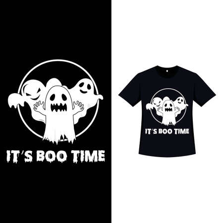 Halloween black color T-shirt design with three scary white ghosts. Halloween element silhouette design with a bunch of spooky ghosts and calligraphy. Spooky T-shirt design for Halloween.のイラスト素材