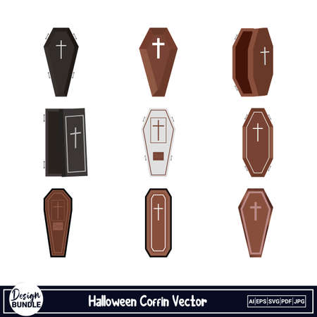 Halloween scary coffin vector design on a white background. Vampire coffin design with wood color and black shade. Halloween spooky vampire coffin design collection.のイラスト素材