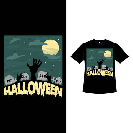 Happy Halloween retro color T-shirt design with a graveyard. Halloween fashion wear design with zombie's hands, grave, pumpkin, and calligraphy. Scary vintage color T-shirt design for Halloween event.のイラスト素材