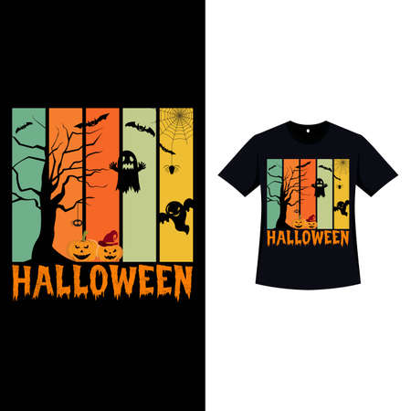 Halloween stylish retro color T-shirt design with spooky ghosts and a dead tree silhouette. Halloween scary T-shirt design with vintage color and calligraphy. Scary fashion design for Halloween.のイラスト素材