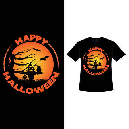 Happy Halloween retro color T-shirt design with a scarecrow. Halloween fashion wear design with a scarecrow, an owl, dead tree, and calligraphy. Scary vintage color T-shirt design for Halloween.のイラスト素材
