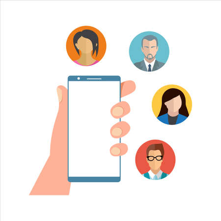 Social media vector design with a mobile on hand and floating characters. Digital mobile design for social media activity. Stylish design with a mobile on hand.のイラスト素材