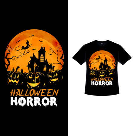 Halloween vintage T-shirt design with scary pumpkin lanterns. Halloween fashion wear design with pumpkin lanterns and haunted house silhouette. Scary retro color T-shirt design for Halloween event.のイラスト素材