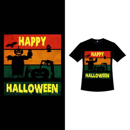 Halloween retro color T-shirt design with scarecrow and zombie hands. Halloween scary T-shirt design with vintage color and silhouette shapes. Scary garment fashion design for Halloween.の写真素材