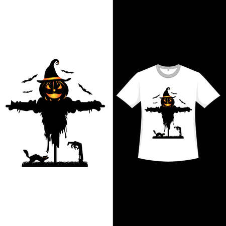 Halloween retro color T-shirt design with a spooky scarecrow. Halloween fashion wear design with a cat and scarecrow silhouette. Scary vintage color T-shirt design for Halloween event.のイラスト素材