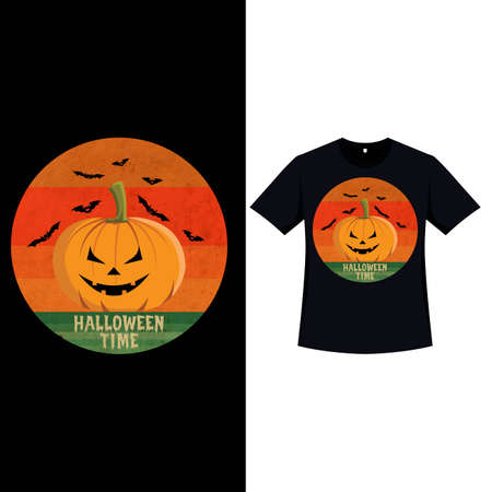Halloween stylish retro color T-shirt design with scary a pumpkin lantern and bats. Halloween scary T-shirt design with vintage color and calligraphy. Scary fashion design for Halloween.の写真素材