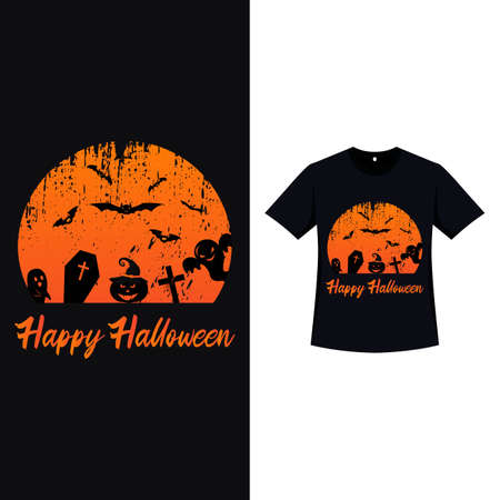 Halloween T-shirt design with vintage color and scary ghost. Haunted element silhouette design with pumpkin lantern, Christian sign, ghost, coffin, etc. Scary T-shirt design for Halloween event.のイラスト素材