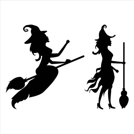 Halloween witch silhouette design on a white background. Halloween element and costume design with two witches with broomsticks and witch hats. Wizard silhouette vector design.のイラスト素材