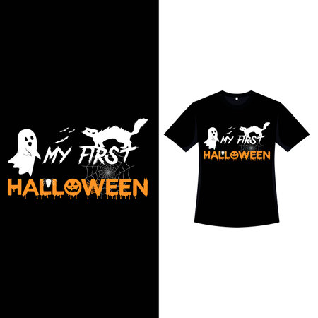 Happy Halloween retro color T-shirt design with typography. Halloween fashion wear design with a ghost, cat, spider web, and calligraphy. Scary vintage color T-shirt design for Halloween event.のイラスト素材