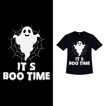 Halloween black color T-shirt design with white ghost and typography. Halloween element design with a white ghost, spider web, and calligraphy. Spooky T-shirt design for Halloween.のイラスト素材