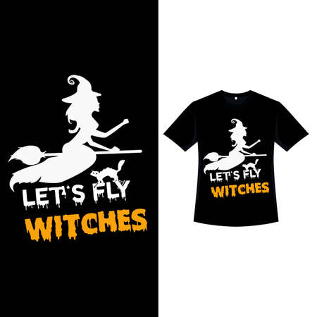 Happy Halloween retro color T-shirt design for women with typography. Halloween fashion wear design with a flying witch, a cat, and calligraphy. Scary vintage color T-shirt design for Halloween event.のイラスト素材