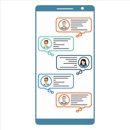 Chat message conversation vector illustration. Chat popup inside a mobile design. Messaging design with text bubbles floating. Message conversation inside a mobile vector.のイラスト素材