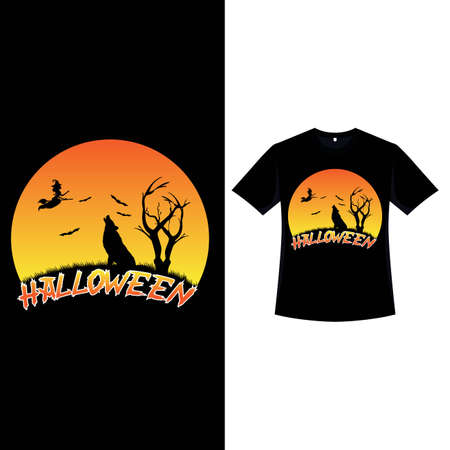 Happy Halloween retro color T-shirt design with a howling wolf. Halloween fashion wear design with a wolf, flying witch, dead tree, and calligraphy. Scary vintage color T-shirt design for Halloween.のイラスト素材