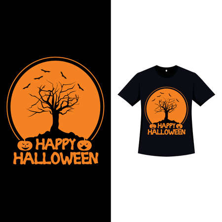 Halloween black color T-shirt design with a scary tree inside the round shape. Halloween element silhouette design with a dead tree, and calligraphy. Spooky T-shirt design for Halloween.のイラスト素材